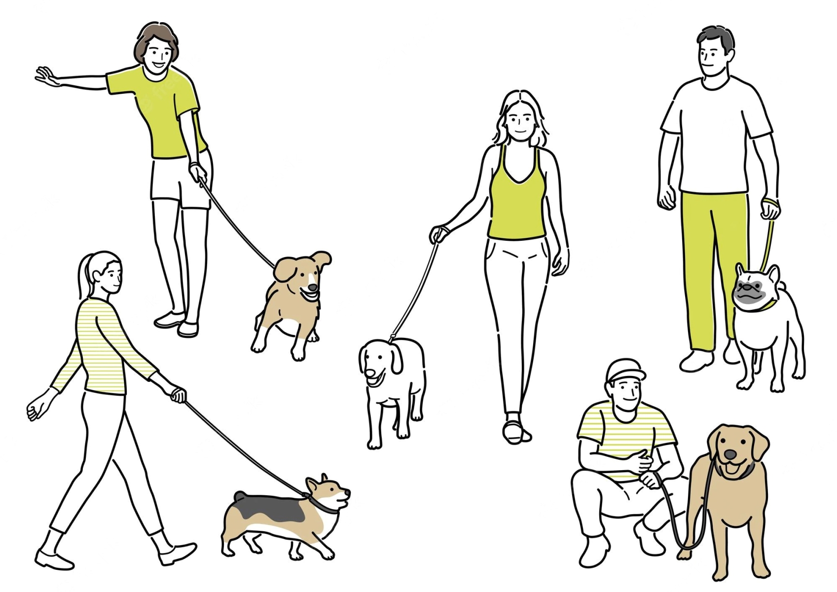 A number of people are walking with their dog.